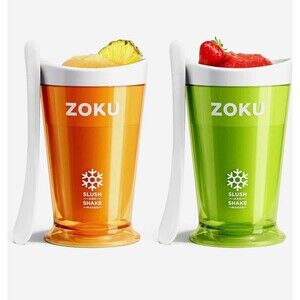 Zoku Slush and Shake Maker Set of 2 Manual Plastic Cups Green Orange